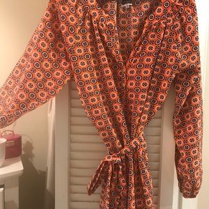 Orange and Navy Print tie waist dress- M